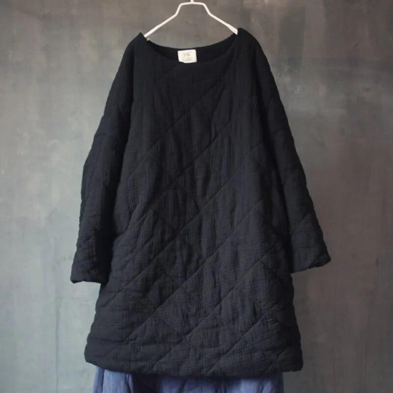 Johnature Dámské pulovrové parky Zimní O-výstřih Dlouhý rukáv Jednobarevné kabáty Bavlna Len Teplé Dámské Vintage kabáty