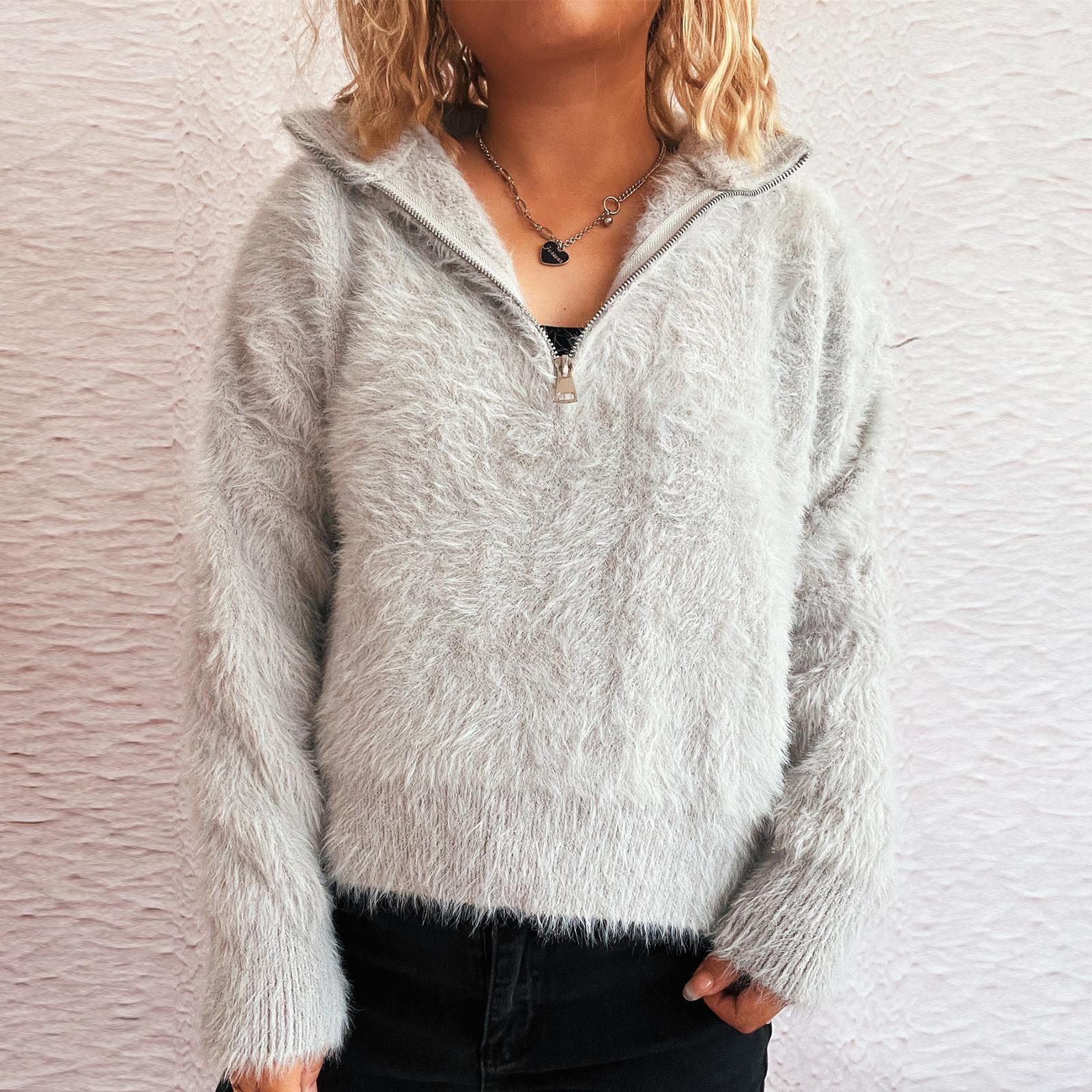 

Women s Solid Color Short Casual Lapel Half Zipper Knitted Fashionable Top Sweater M