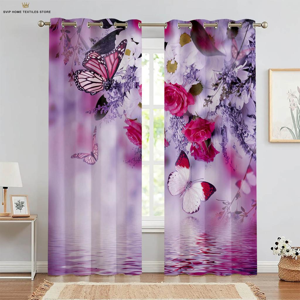 2pcs Butterfly 3D Stereo Flower Printing Curtain Rod Pocket Bedroom Living Room Kitchen Decorative Curtain Easy To Wash and Care