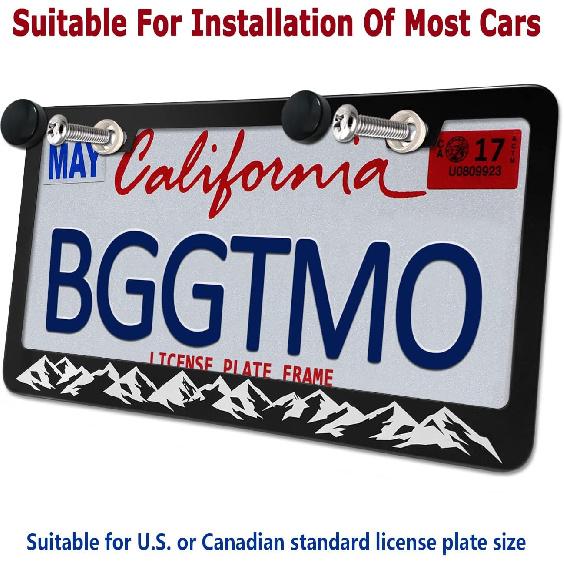 BGGTMO Mounta License Plate Frame- Black Aluminum Car Tag Cover Holder With Stainless Steel Screws Caps, Snow Mountain Tree Decal Sticker, 1 Pack 2