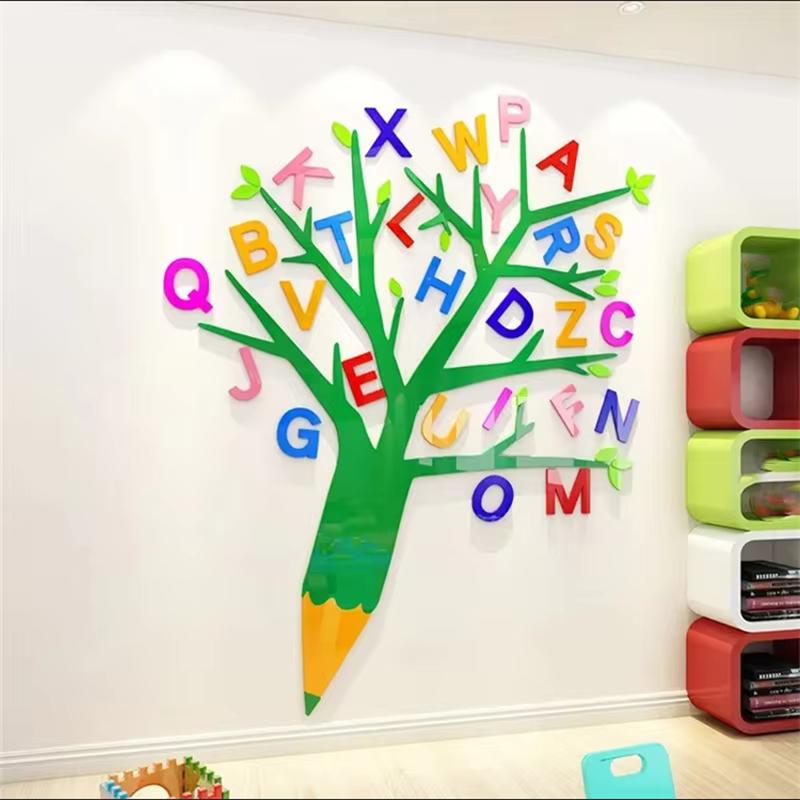 Cartoon Pencil Tree Wall Sticker Acrylic Kindergarten Wall Decals English Letter Wall Sticker Children Bedroom Study Room Decor