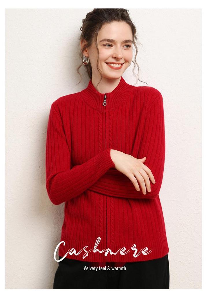Women's Cashmere Stand Collar Zipper Cardigan - Double-Ply Thick Knit for Autumn/Winter