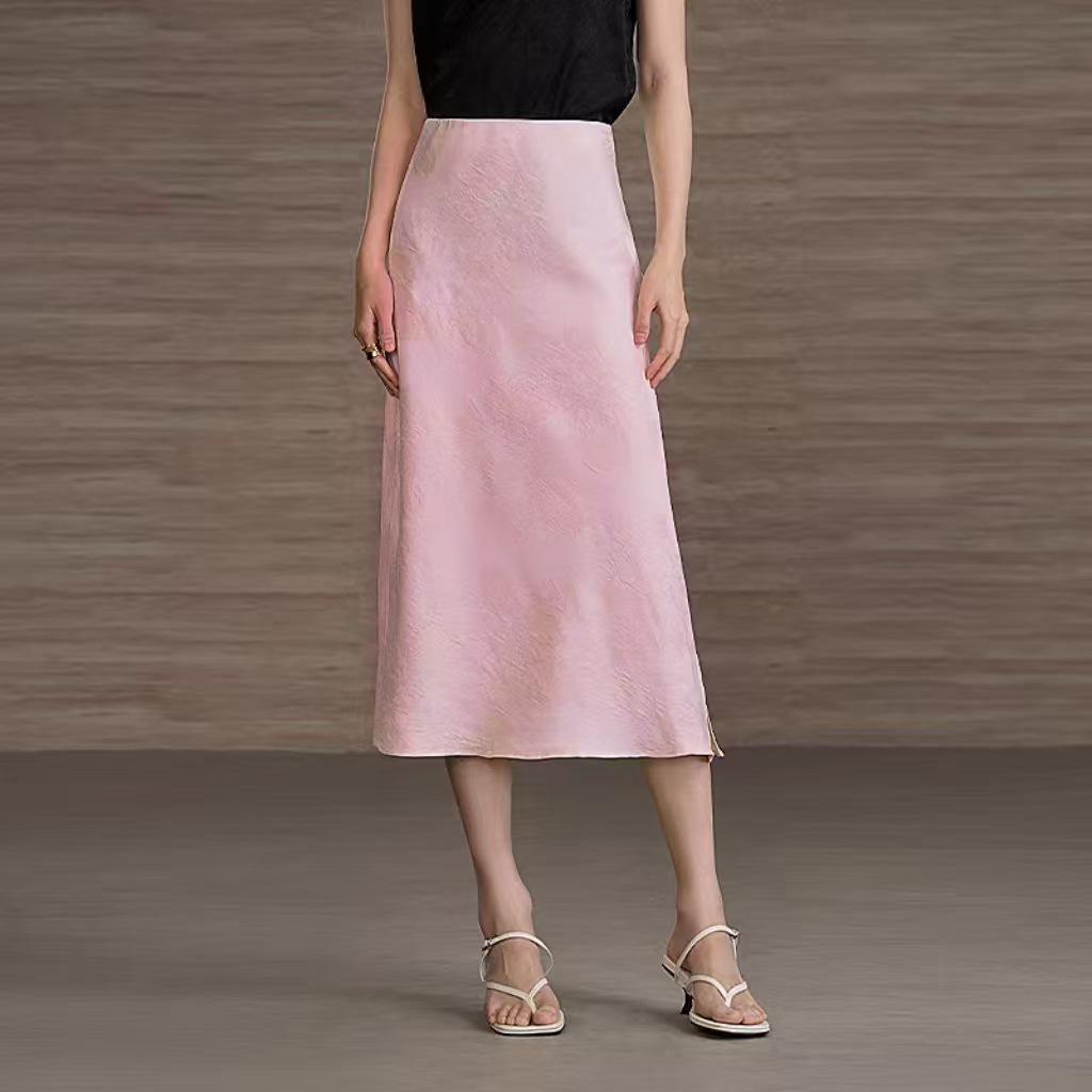Women's Mid-Length Jacquard Silk Skirt - New Chinese Style for Autumn/Winter