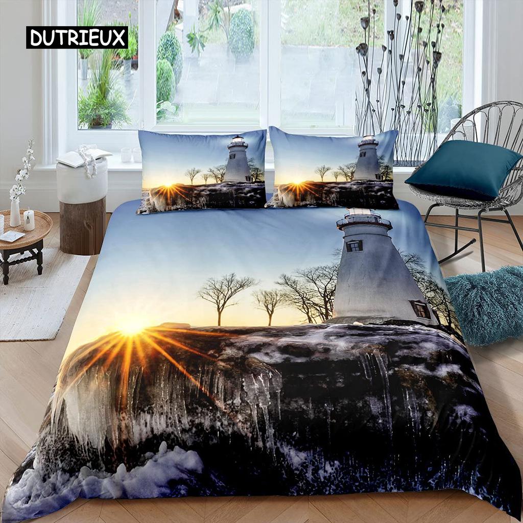 Lighthouse Duvet Cover Set Nautical Surfing Ocean Wave Bedding Set Queen Polyester Coastal Nature Theme Quilt Cover for Kids Boy
