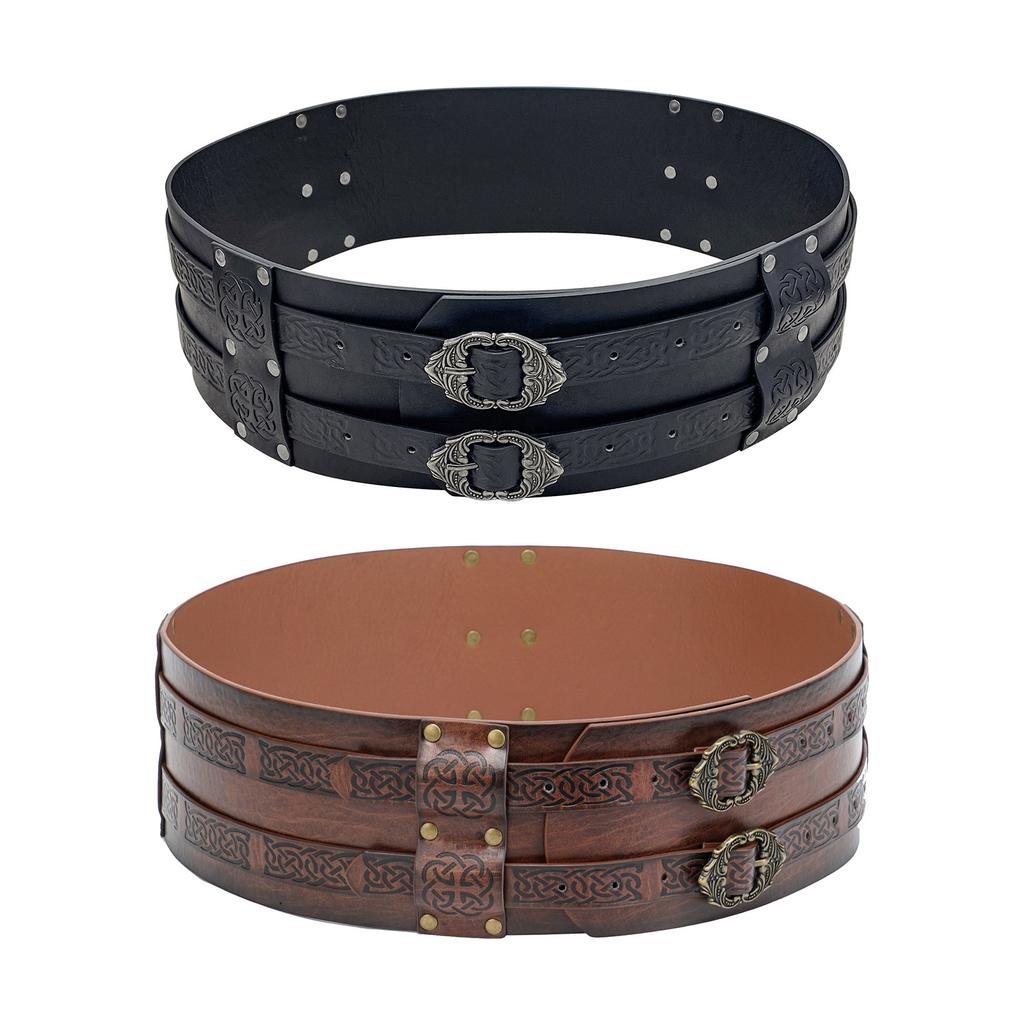 Embossed PU Leather Belt Renassance Medieval Buckle Belt Viking Wide Belt Norse Cosplay Belt Halloween Men Costume