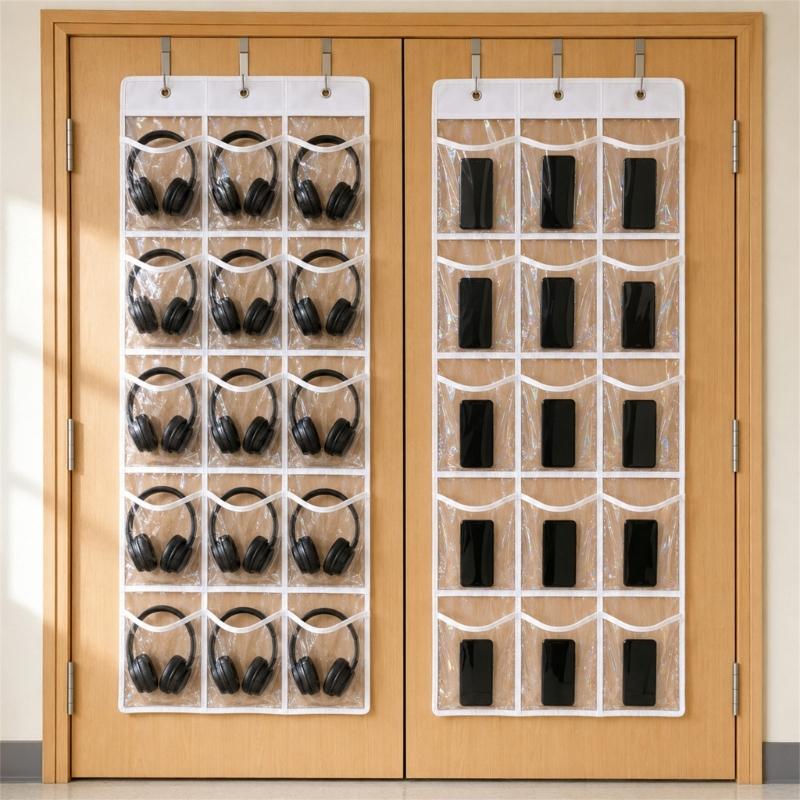 Clear Pocket Wall Storage Set of 2, Hanging Polyester Holder with 15 Front Pockets on Each Panel for Classroom Supplies, Phones and Daily Items