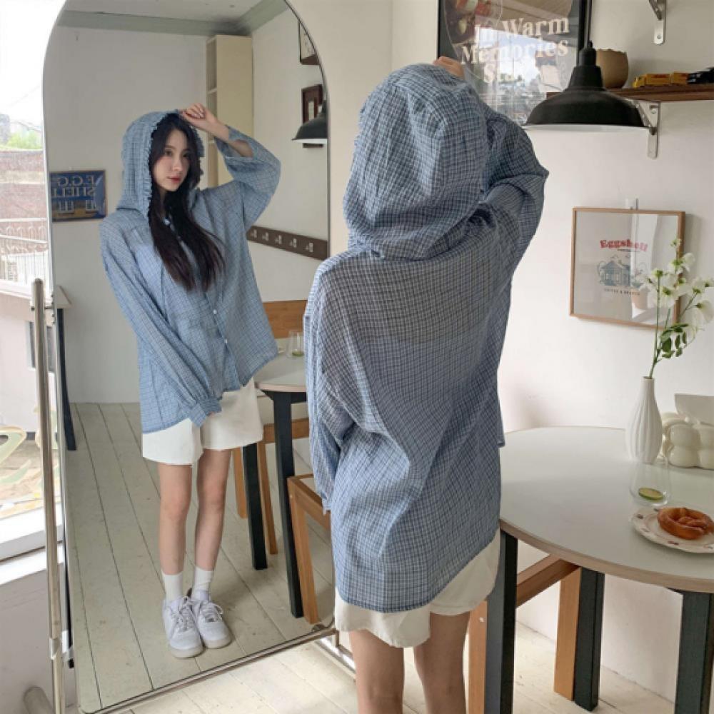 New Arrivals Open Run Women Frill Strap Check Hooded Shirt