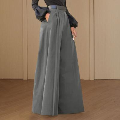 Women Solid Color Wide Leg Pants High Waist Pockets Flared Trousers Elegant Commuting