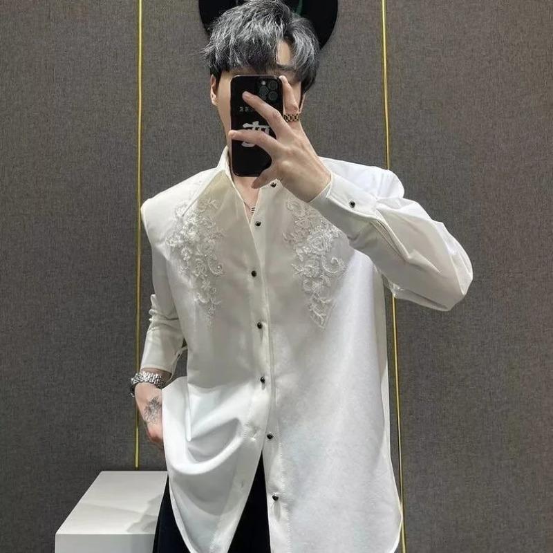 

Мужская белая вышитая рубашка с воротником-стойкой свободного кроя с длинным рукавом повседневная рубашка-платье L белый
