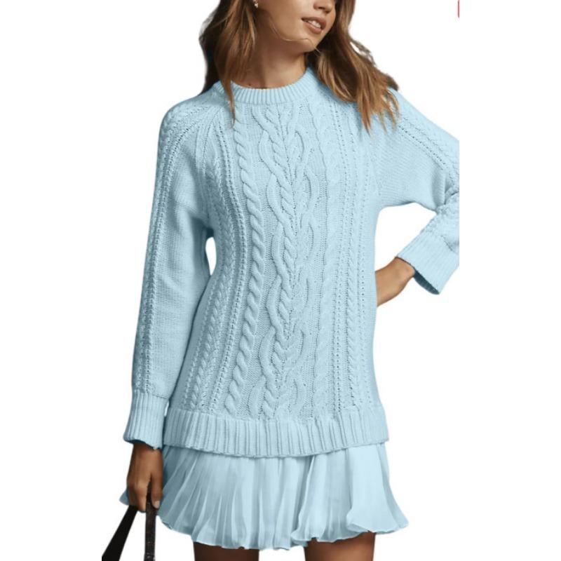 Womens Casual Gray Cable Knit Long Sleeve Pleated Hem Sweater Dress