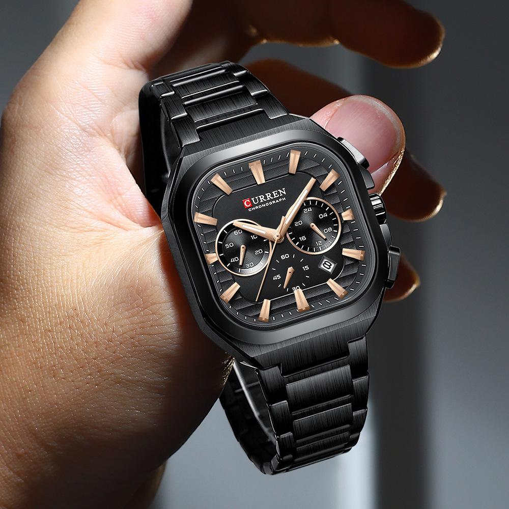 Mens Square Chronograph Watches Stainless Steel Wrist Watch with Date Luminous Hands Waterproof