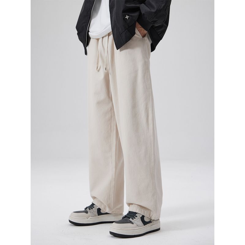 51 Hip-Hop Vintage Style Fleece-Lined Pants for Men, Winter Thickened Trendy Brand Sports Style Solid Color Casual Straight-Leg Jogger Pants