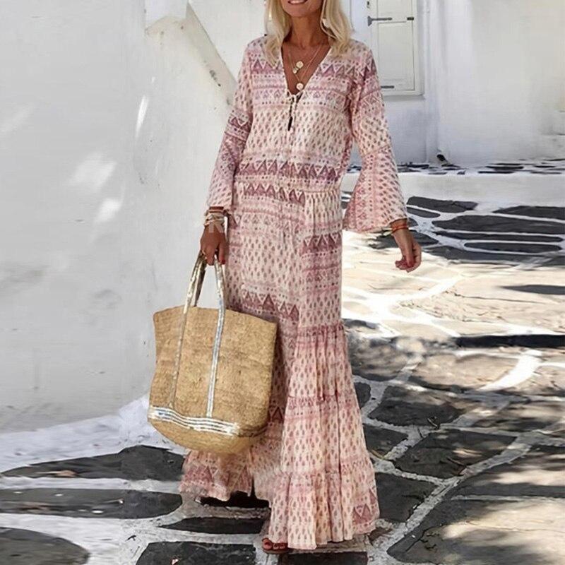 

Women Vintage Geometric Print Long Party Dress Lady Elegant Flare Sleeve Summer Beach Dress 2021 V Neck Boho Party Dress XXXL синій
