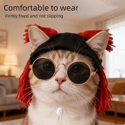 Creative Rock Roll Style Pet Leaky Ear Cap Wig Cap Decorative Pet Cosplay Headwear Retro Round Glasses Pet Yarn Cap Photo Props