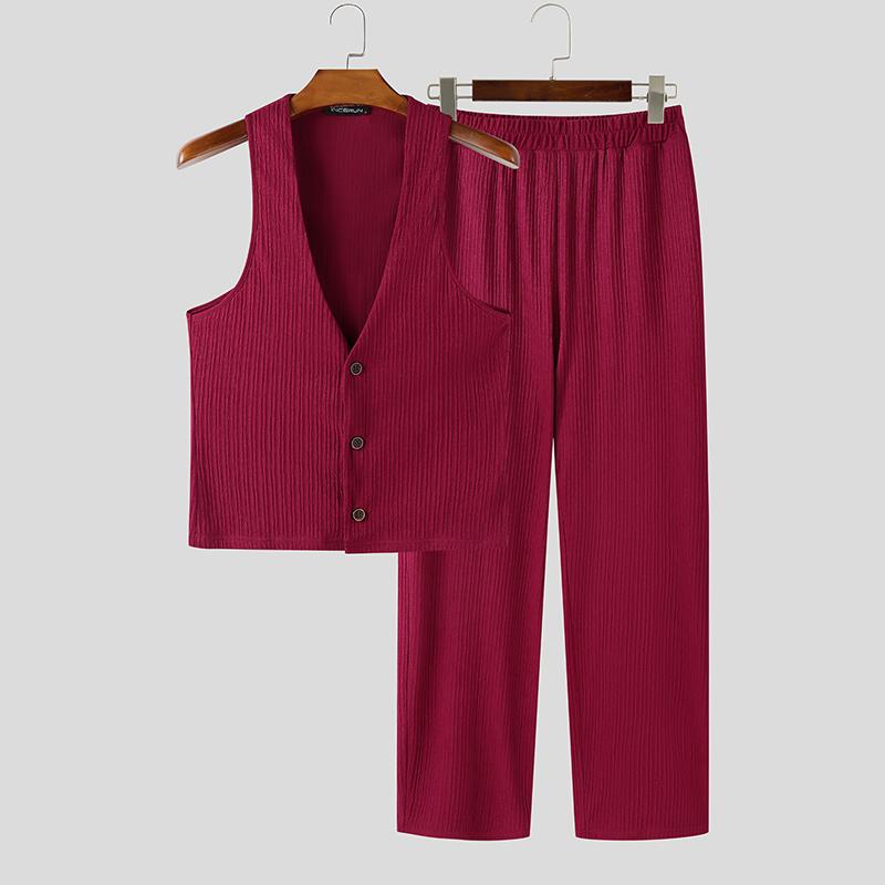 

INCERUN 2PCS Men Texture Outfits Sleeveless Waistcoat Tops Long Pants Casual Sets 3XL вина червоного кольору