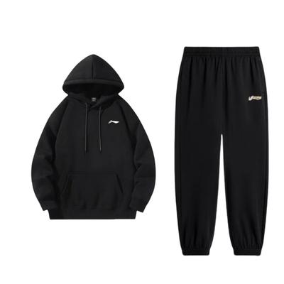 Sports Lifestyle Series Printed Logo Pullover Hoodie Breathable Cuffed Long Pants Casual Sports Suit Unisex Suit Black AKLU823-6+YWDU481-1