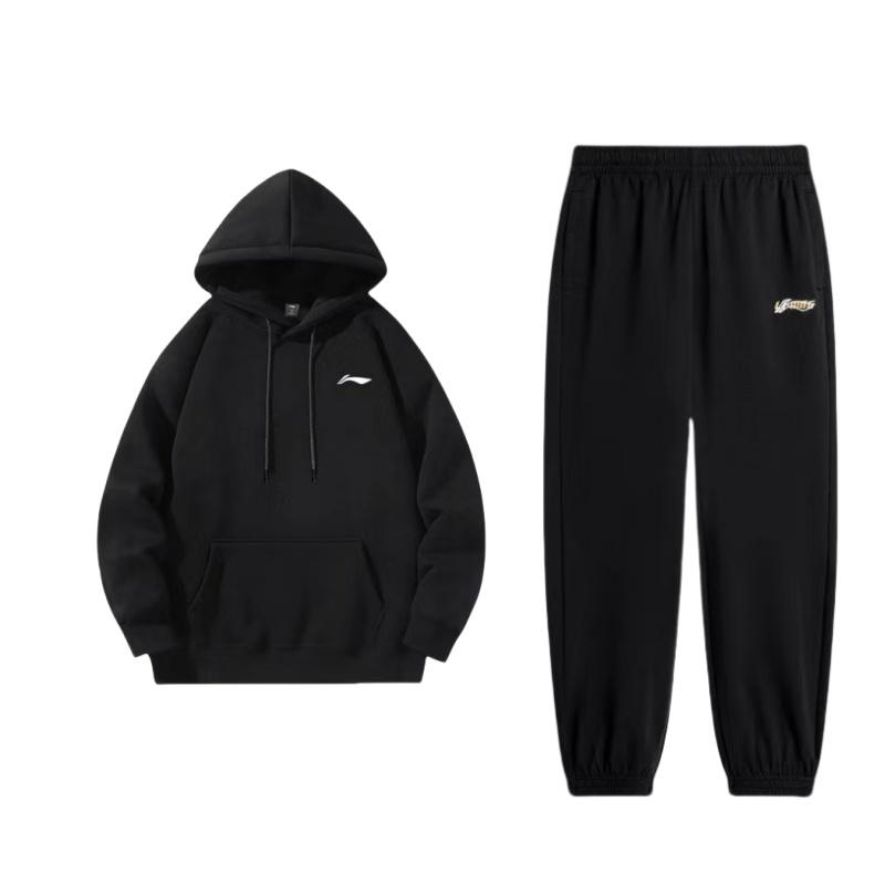 Li-Ning Sports Lifestyle Series Printed Logo Pullover Hoodie Breathable Cuffed Long Pants Casual Sports Suit Unisex suit Black AKLU823-6+YWDU481-1