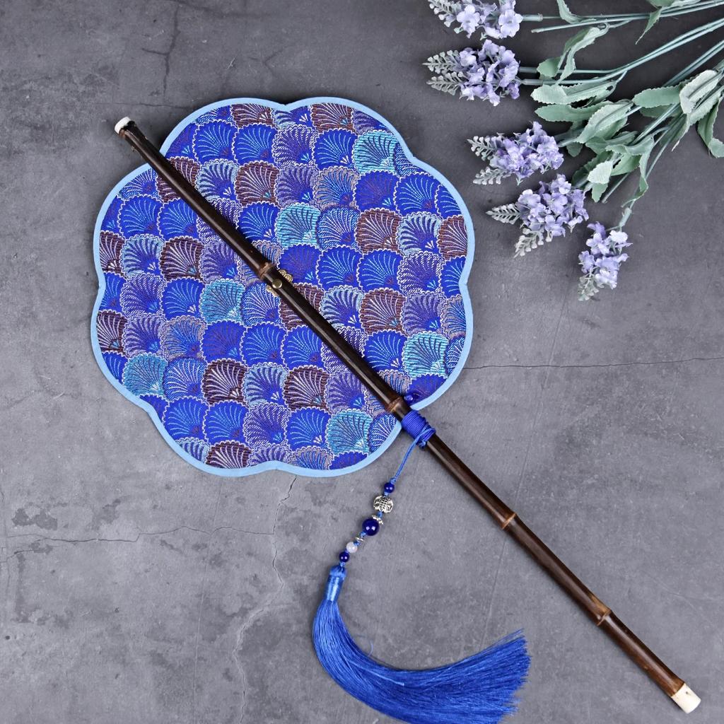 Chinese Ancient Style Black Bamboo Waist Fan Han Dynasty Circular Fan Chinese Style Long Handle Tassel Curling Folding Fan Classical Portable Wrist