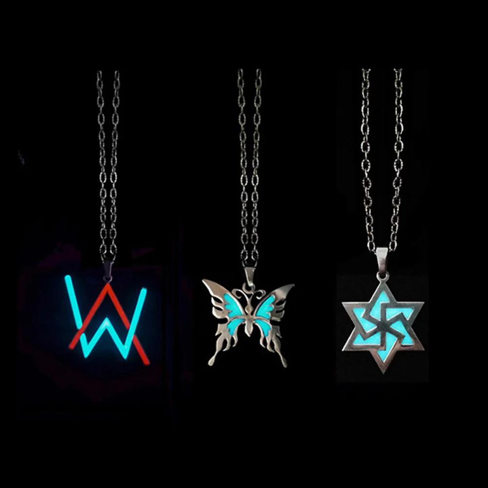 Novel Luminous Glowing Butterfly Pendant Hexagram Stainless Steel Glow In The Dark Necklace for Women Men Halloween Gift