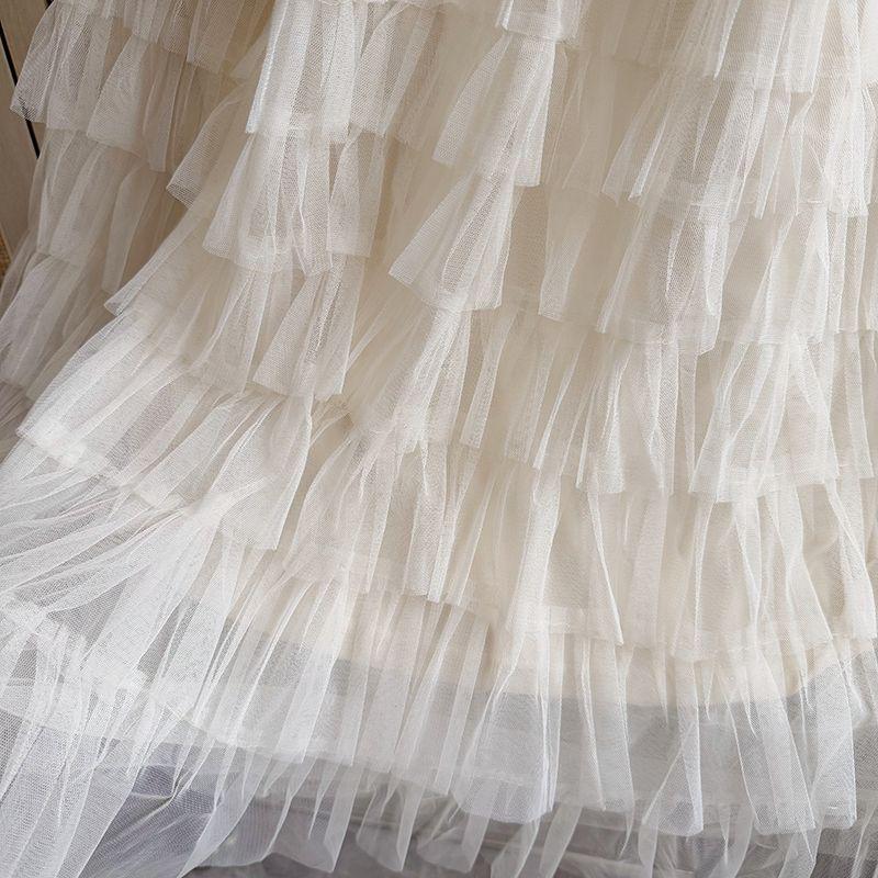 Bohemian Lace Spaghetti Strap Dress with Elegant Layered Mesh Skirt