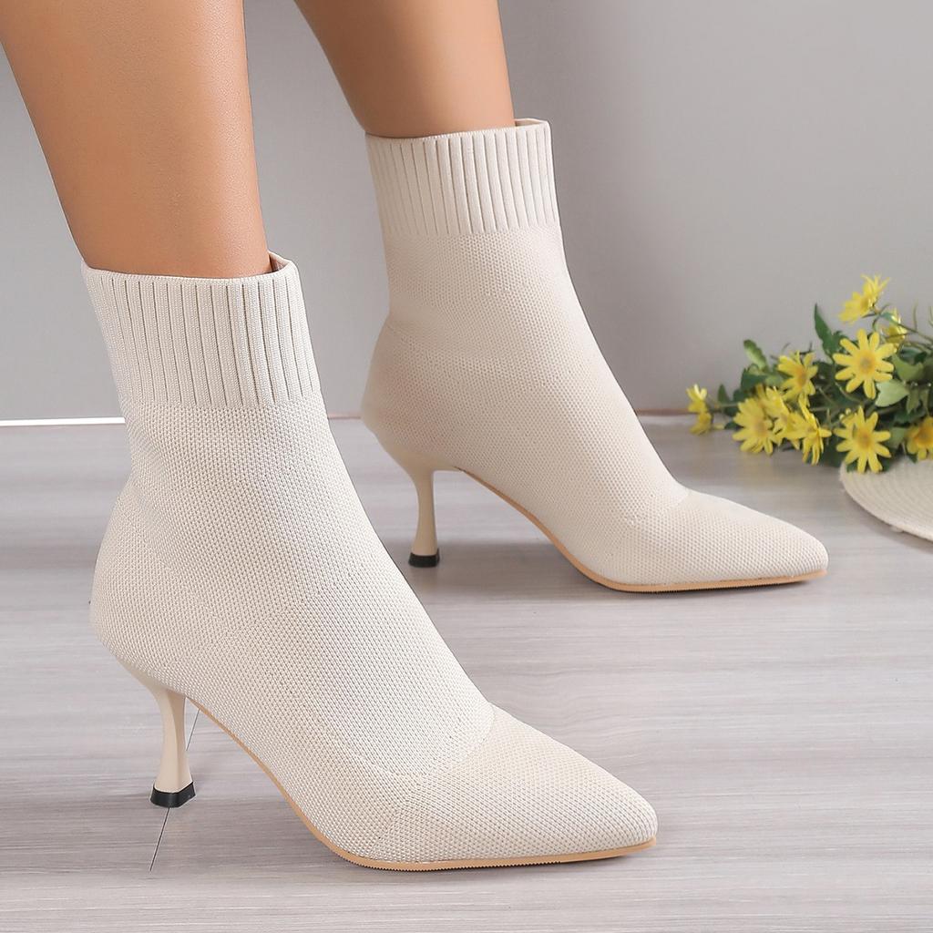Ladies' Fashionable Knitted Hollow Out High-heeled Short Boots with Elegant Temperament, Soft and Elastic Fabric, Casual and Comfortable Jeans To Wear