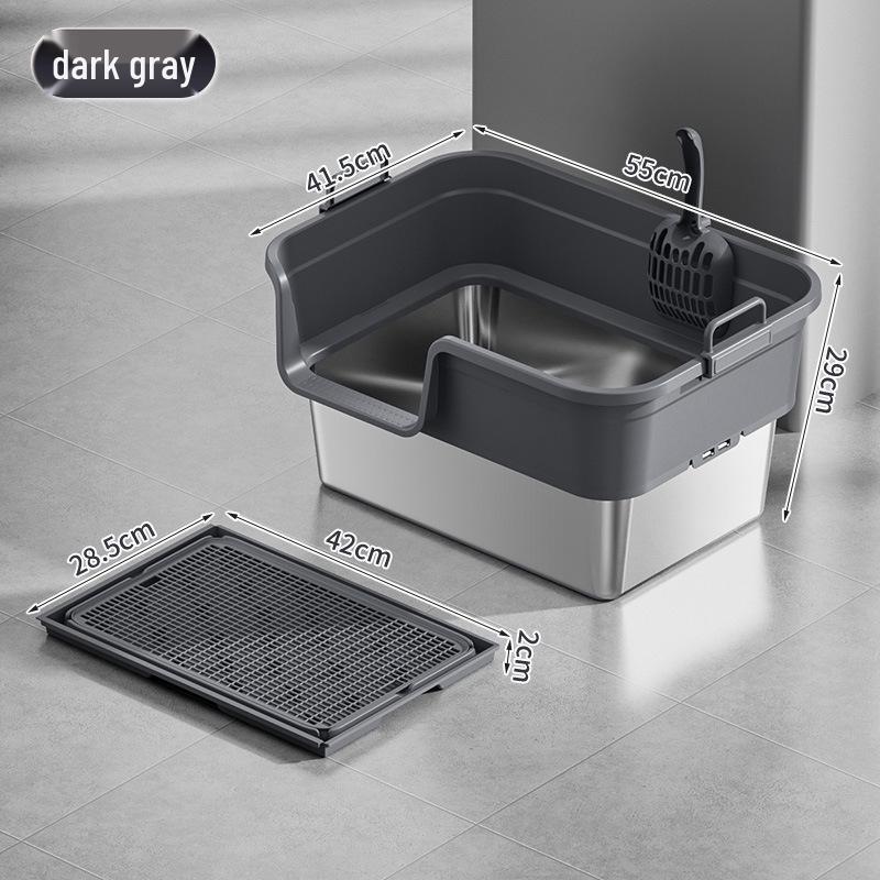 Semi-Enclosed Stainless Steel Cat Litter Box with High Walls, Splash and Leak Resistant, Large Top-Entry Design.