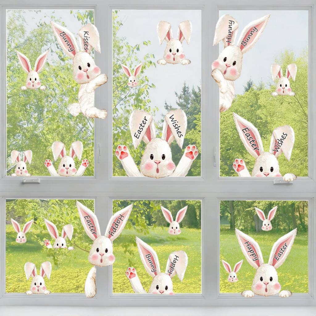 6 Blatt Osterhase Fenstersticker Frohe Ostern Fensteraufkleber Osterfensterdeko für Glasdekorationen Feiertags-Heimladen Fensterglasdekoration