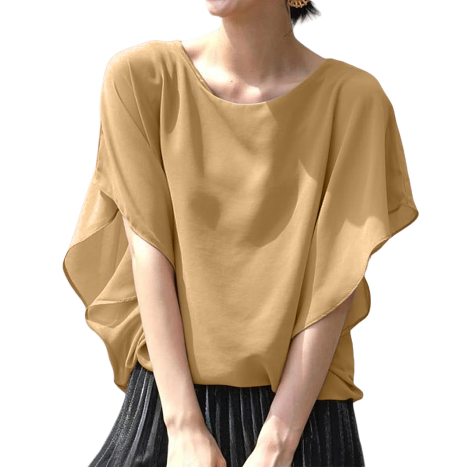 

MEME XTRA Short Sleeve Cut and Office Chiffon Ruffle Flare Dolman Plus Sizes Loose Solid Georgette Fabric Women s Blouse, Sewn, Wear, Summer/Spring