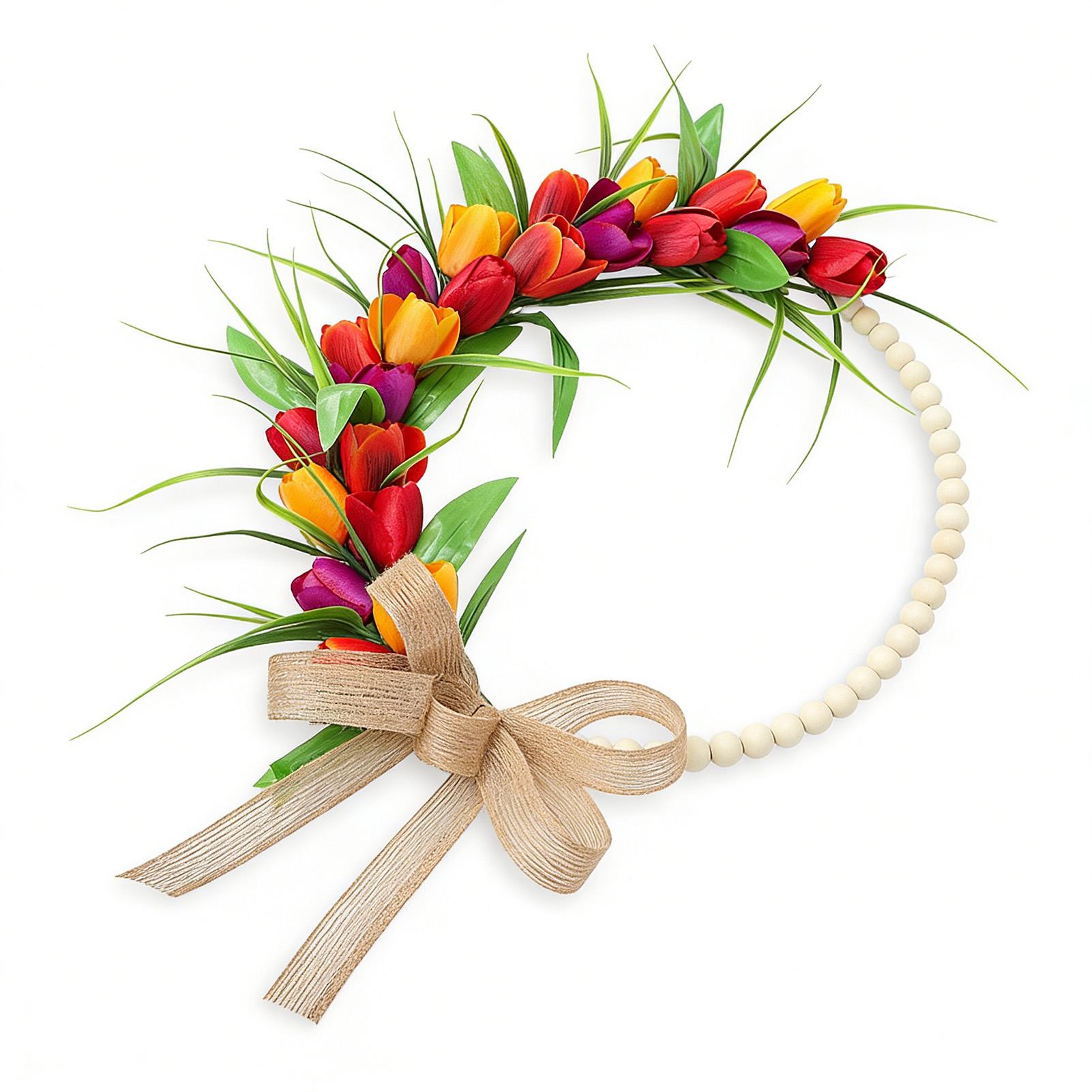 

Front Door Wreath Hanging Decor Simulated Flower with Wooden Beads Holiday Spring Home Decoration Red Yellow Purple