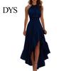 Pleated Dress Women Cocktail Party Dress, Halter Sleeveless Flowy Long Ruffled Irregular High Low Wedding Guest Hem
