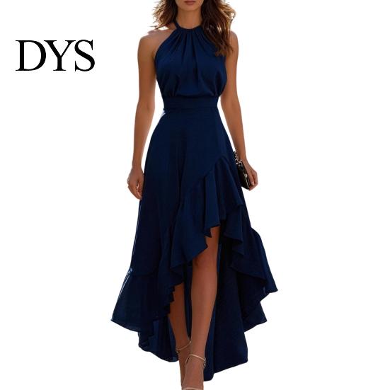 Pleated Dress Women Cocktail Party Dress, Halter Sleeveless Flowy Long Ruffled Irregular High Low Wedding Guest Hem
