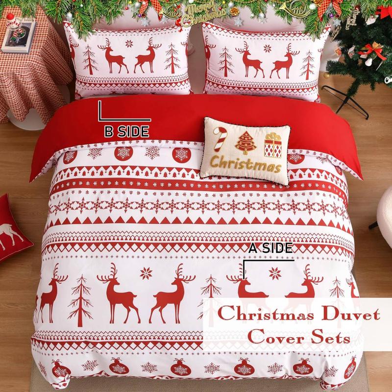 Christmas 3-piece Set With Red Reindeer Snowflake Pattern decoration, Soft ultra-fine Fiber Bedding Set