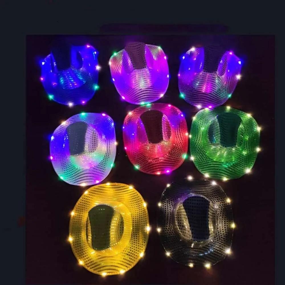 Party Space Cowgirl LED Hat Flashing Light Up Sequin Cowboy Hats Luminous Caps Halloween Costume Gifts F017