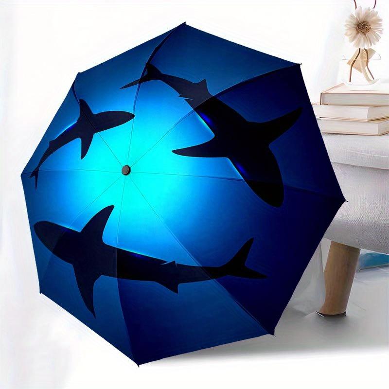Ozeanblau Hai Silhouette Wandkunst Dekor Schirm, Niedlicher Schirm mit Niedlichem Design, Tragbarer 3-fach Kompakter Schirm für Herren & Damen, Valentinstag