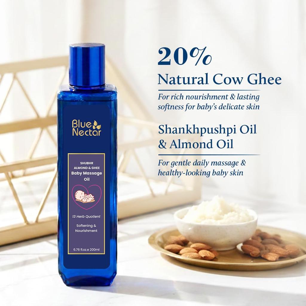 Blue Nectar Ayurvedic Baby Oil with Organic Ghee, 100% Natural Baby Massage Oil With Coconut Oil & Olive Oil | Dermatogically Tested (13 Herbs, 2