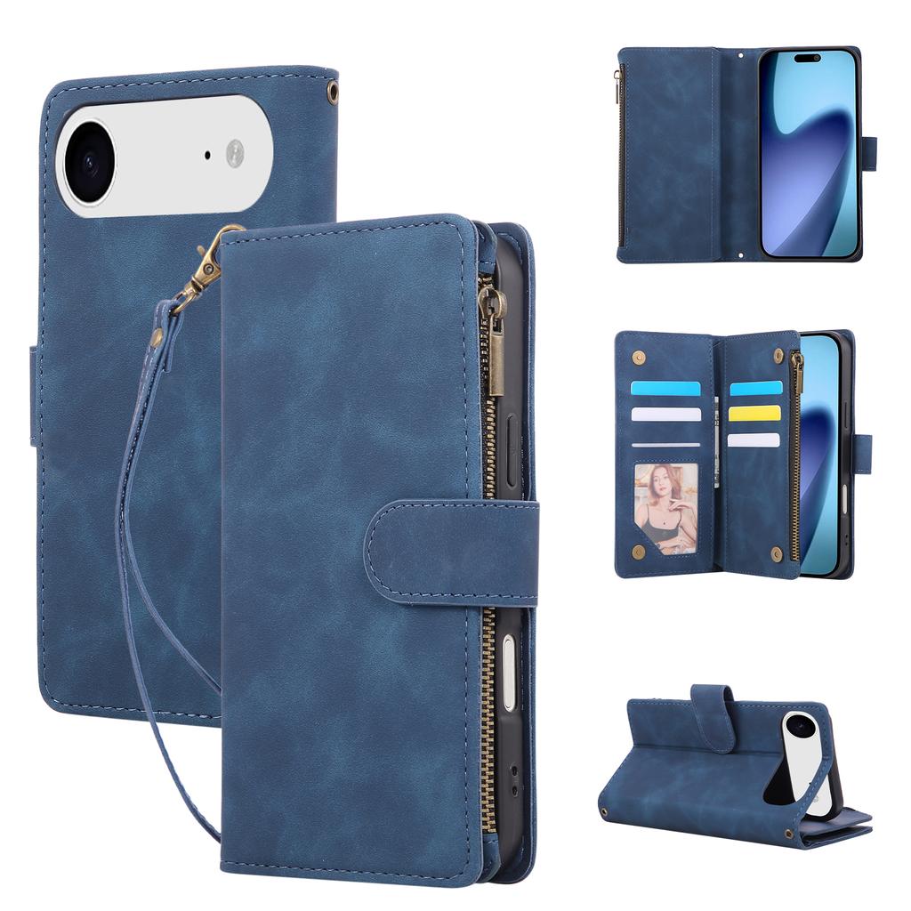 For iPhone 17 Air Case Zipper Wallet Multiple Card Slots Leather Phone Cover with Wrist Strap