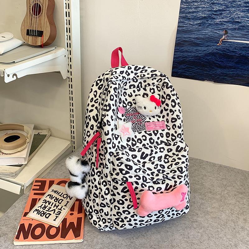Schoolbag New Leopard Print Kitty Backpack Female Cow Print College Student Ins Korean Version Cute Large Capacity Campus Backpack