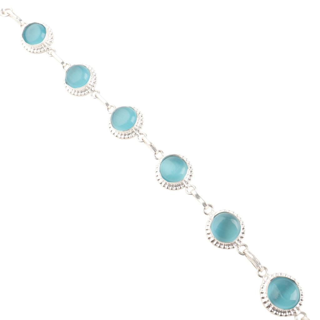Natürlicher Blauer Katzenaugen-Edelstein 925 Sterlingsilber Handgefertigtes Armband Für Frauen RB-9-34
