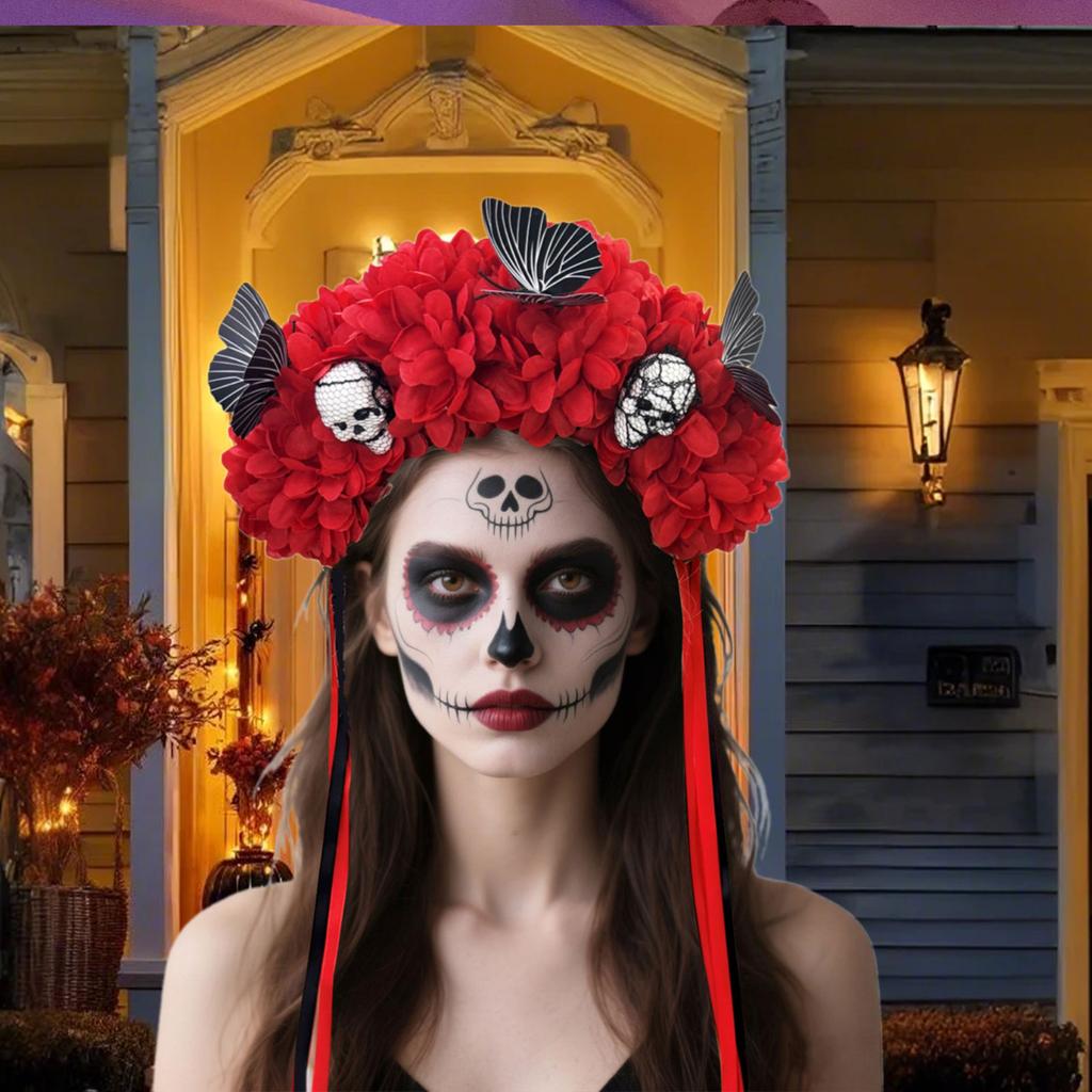 Reusable Practical Plastic Skull Headband And Simulated Floral Decors Costume Headband For Halloween Theme Parties