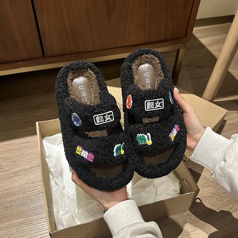 

Cute cartoon Mickey thick-soled fluffy shoes women s autumn and winter fashion retro comfortable warm velvet one-word cotton slippers 35