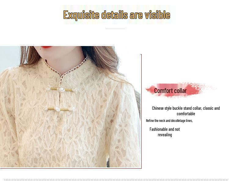 Women's Autumn/Winter Slim Fit Lace Stand Collar Shirt with Velvet Tummy Covering Top