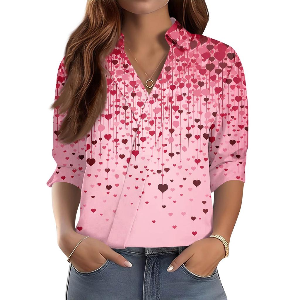 Women's 3/4-Sleeve V-Neck Shirt Printed Workwear Casual Regular Shirt Collar Top