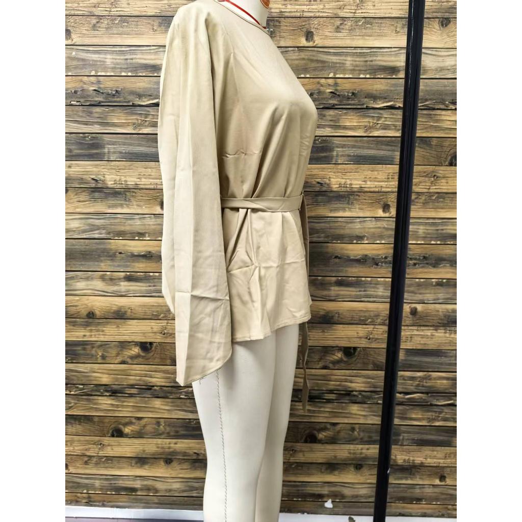 Solid Color Belted Batwing Sleeve Top, Fashion Casual Elegant Spring Summer Daily Wear