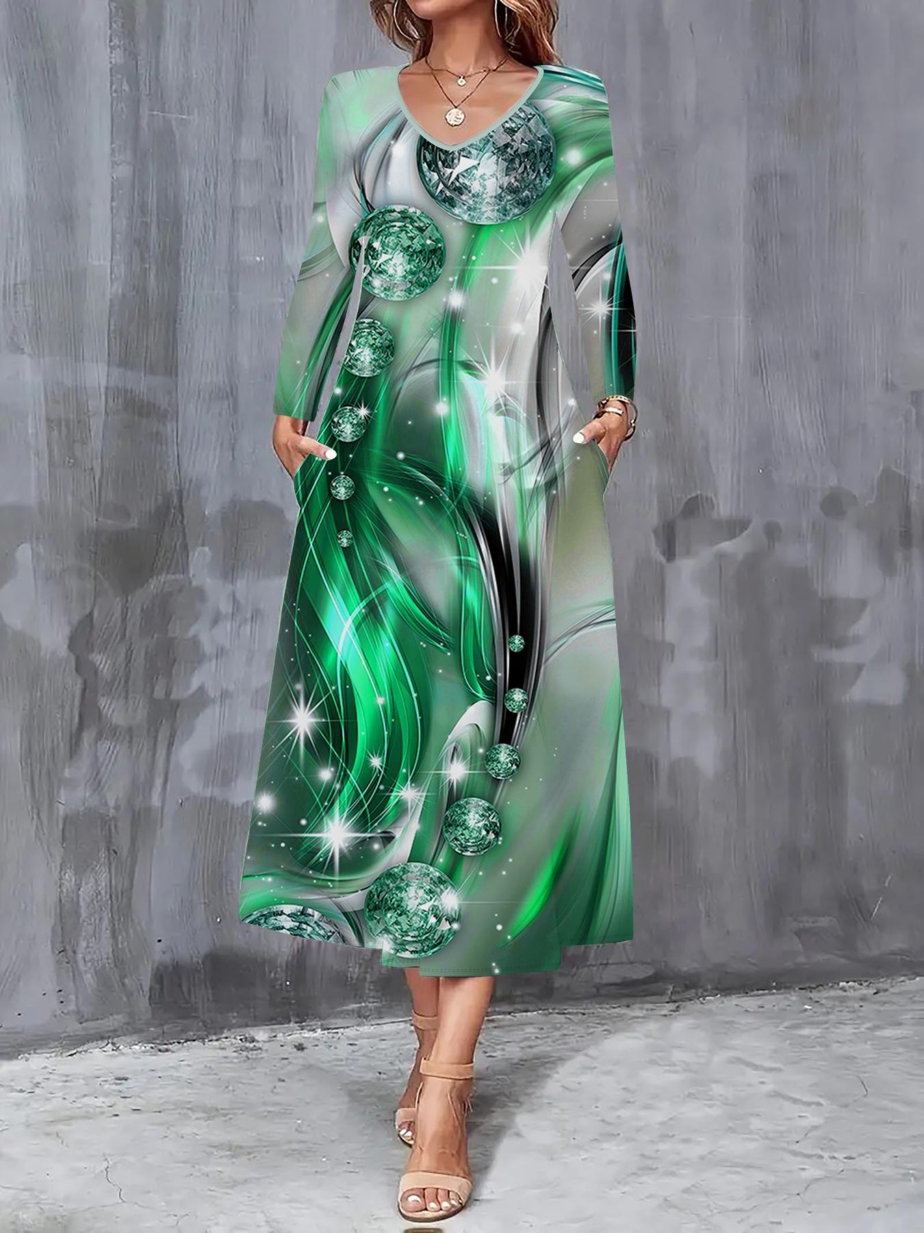 

2025 Осень и Зима Новое Женское Повседневное Модное Платье Осень 3D Цветочный Принт Длинный Рукав V-образный вырез А-силуэт Платья XXL зелёный