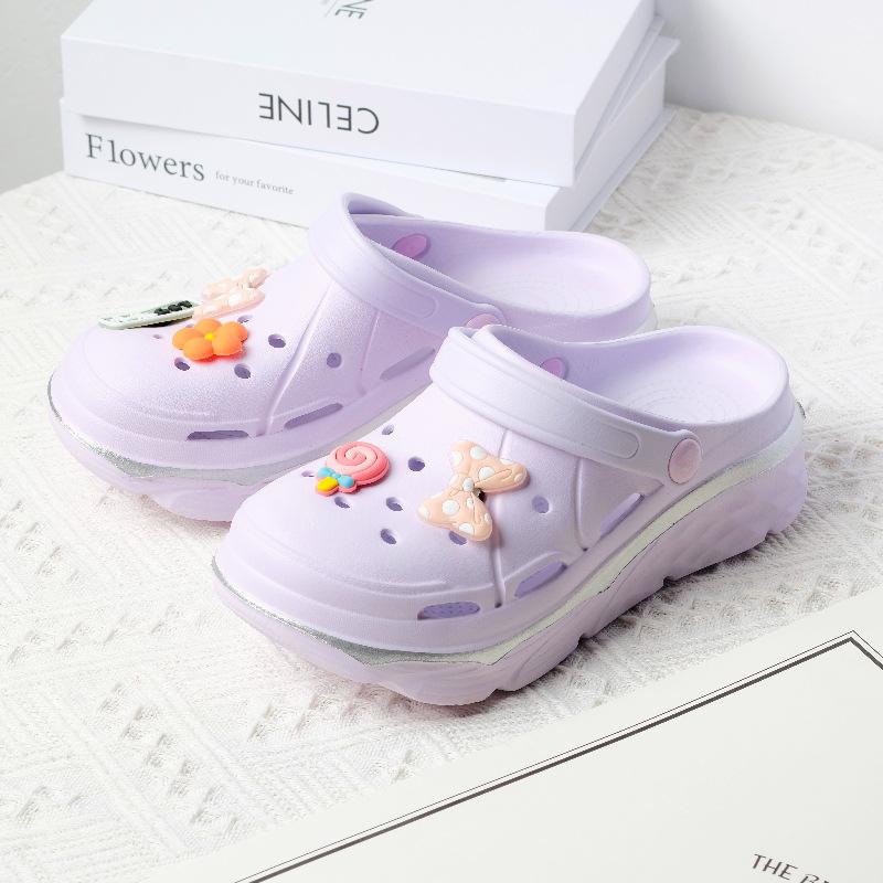 Damen-Clogs mit dicker Sohle zur Größensteigerung mit DIY-Blumen-Schleifen-Accessoires, Rutschfeste verschleißfeste leichte Gartenschuhe, Damenschuhe