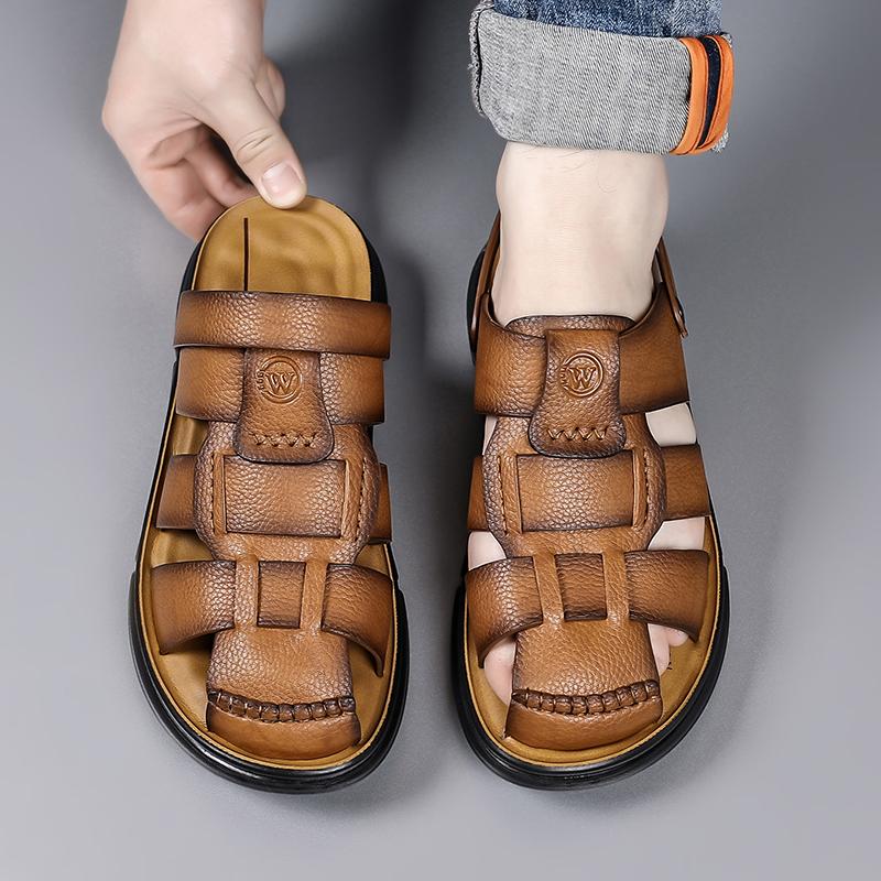 Men Black Hiking Sandals Slippers Handmade Simple Summer Brown Roman Sandals Close Toe Beach Shoes Plus Size