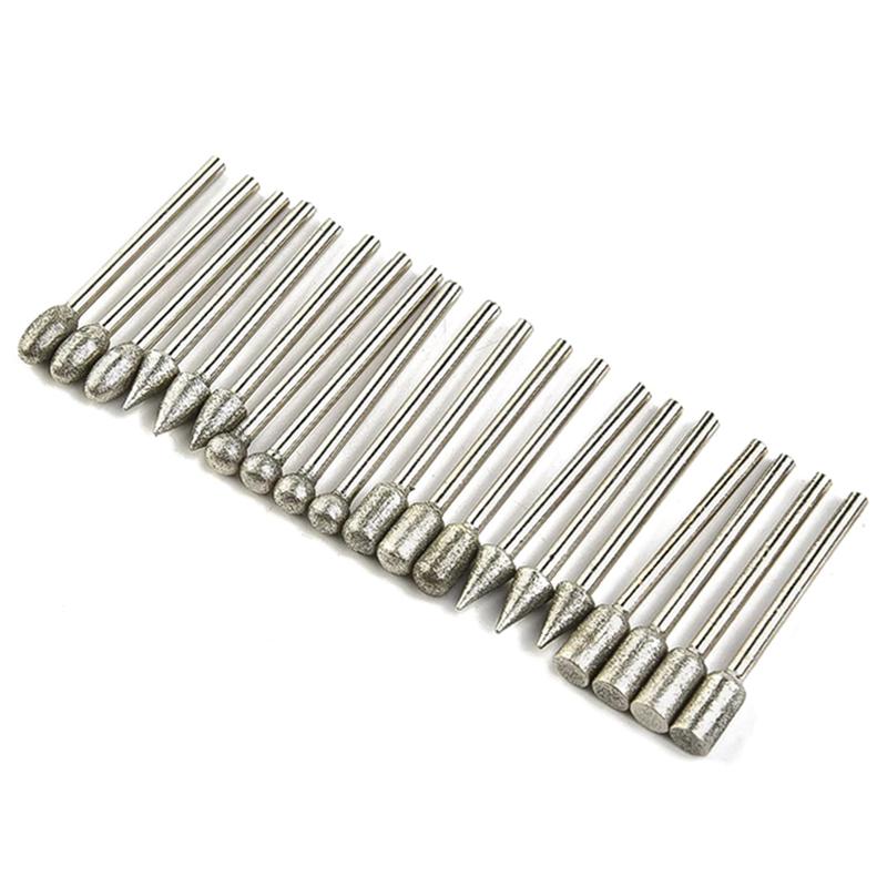 20Pcs Diamond Drill Grinding Bit Set Mini Drill Burrs Bit Set For Rotary Tool Grinding Accessories 3Mm Shank