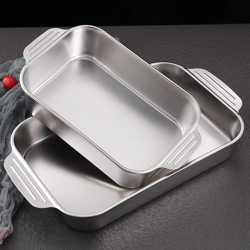 Korean 304 Stainless Steel Grilled Fish Pan, Rectangular Baking Tray with Double Ears for Serving Rice and Vegetables