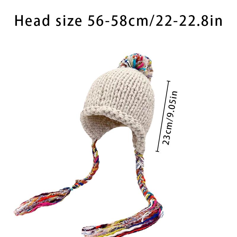 Women's Colorful Tasseled Wool Cap Ethnic Style Caps Warm Ear Protection Hat Thickened Hand-knit Cap Cold Wool Cap