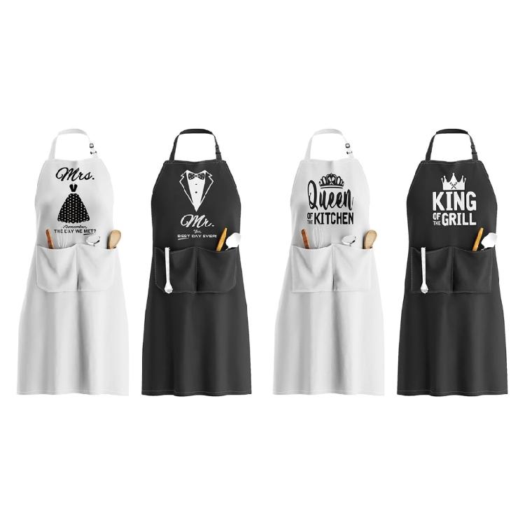 Protective Cooking Apron Adjustable Neck Strap With King Queen Mr Mrs Letter Design for Couple, Husband, Wife